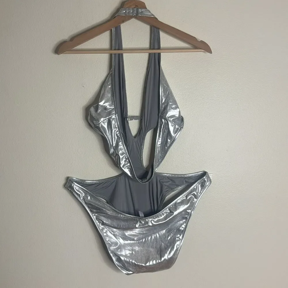 Skims metallic swim halter monokini in nickel swimsuit one piece 2X